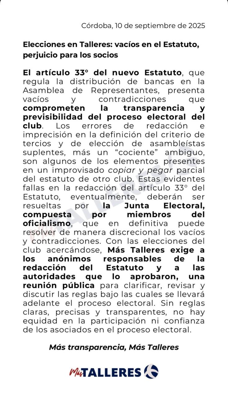 La oposición de Talleres denuncia vacíos en el Estatuto y exige una reunión pública con la dirigencia • Canal C