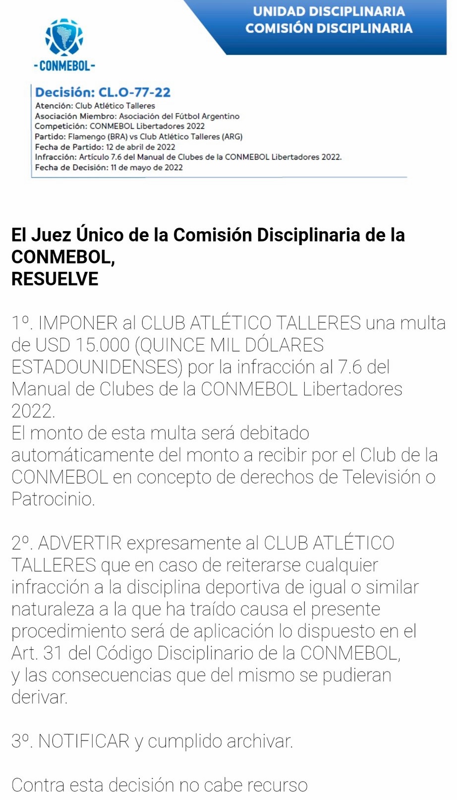 Multa económica y advertencia para Talleres por parte de CONMEBOL | Canal Showsport