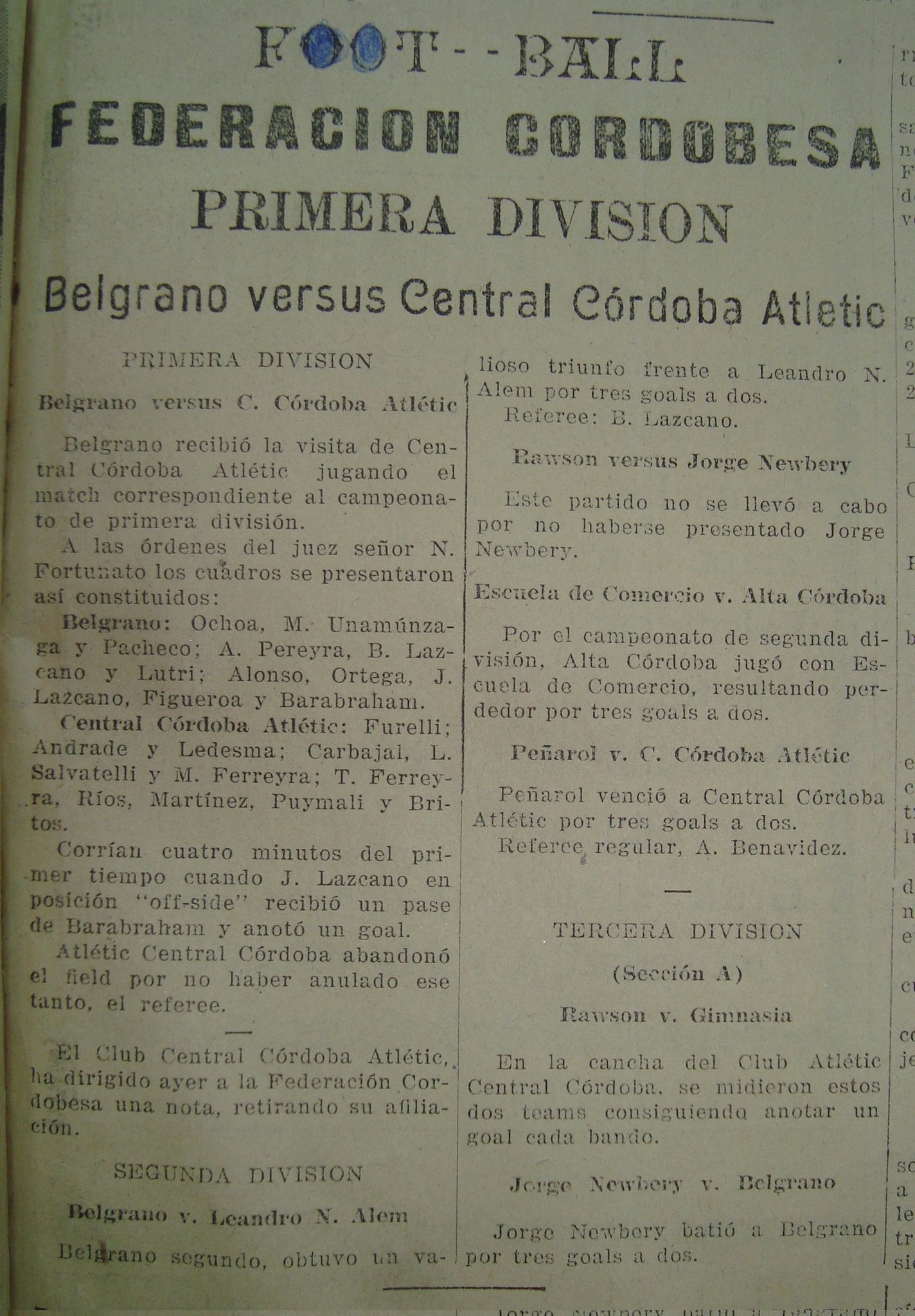 A 109 años del primer clásico oficial entre Belgrano y Talleres: supuesto gol en offside, reclamo y abandono | Canal Showsport