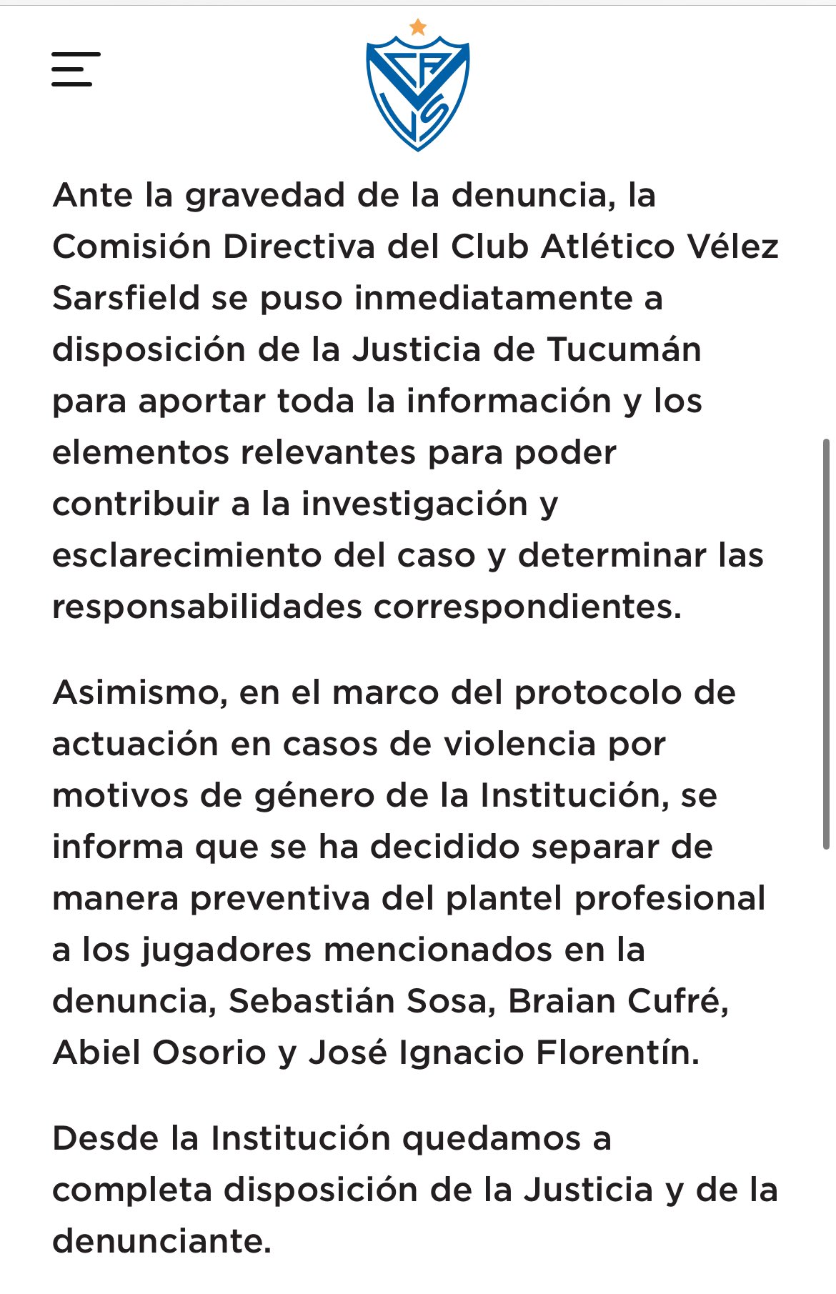 La decisión que tomó Vélez con los jugadores involucrados en una denuncia por abuso sexual | Canal Showsport